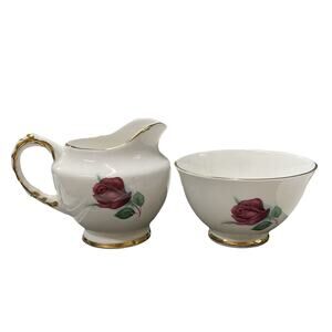Vintage Delphine Bone China Cream And Sugar Set Made In England Red Rose